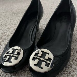 Tory Burch Black Peep-Toe Heels with Silver Logo